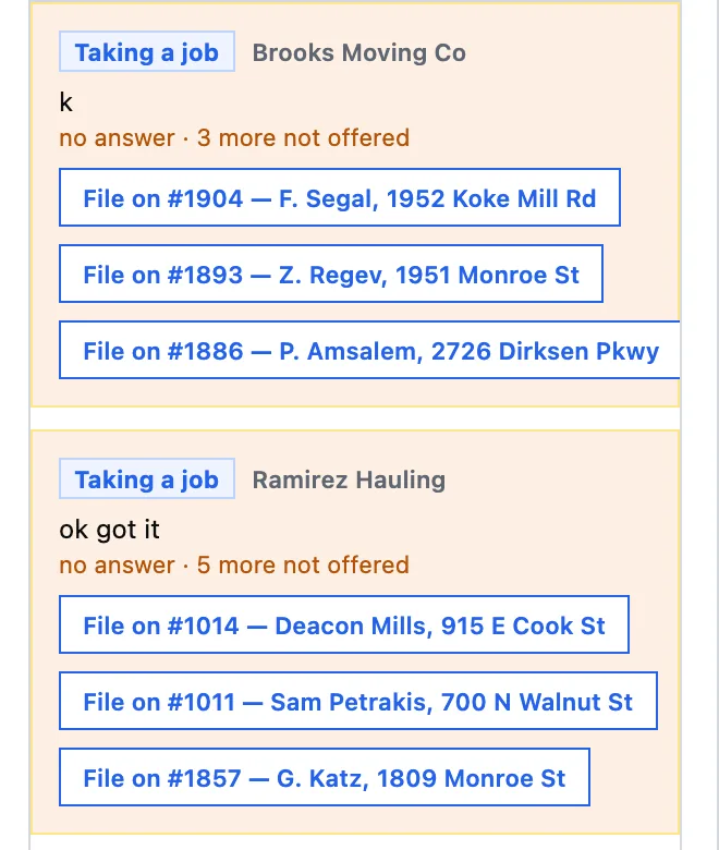 The Inbox queue: two crews that answered without taking a job, each offering the jobs it could be filed on.