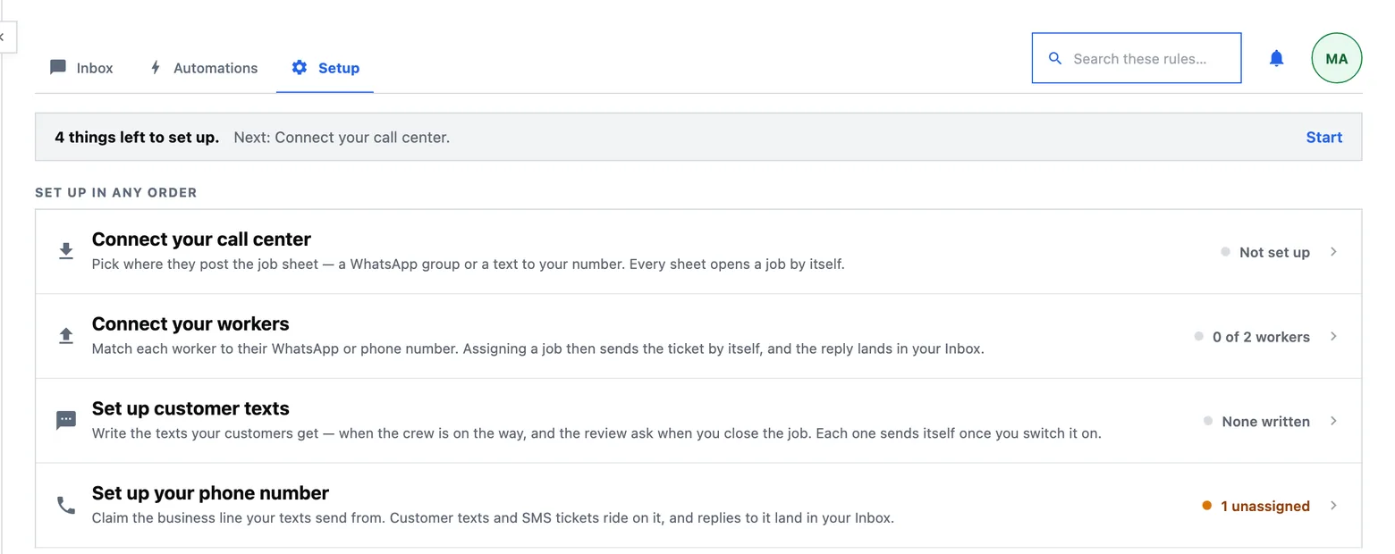 Setup’s four doors: your call centre, your workers, business text messaging, and the number they all send from.