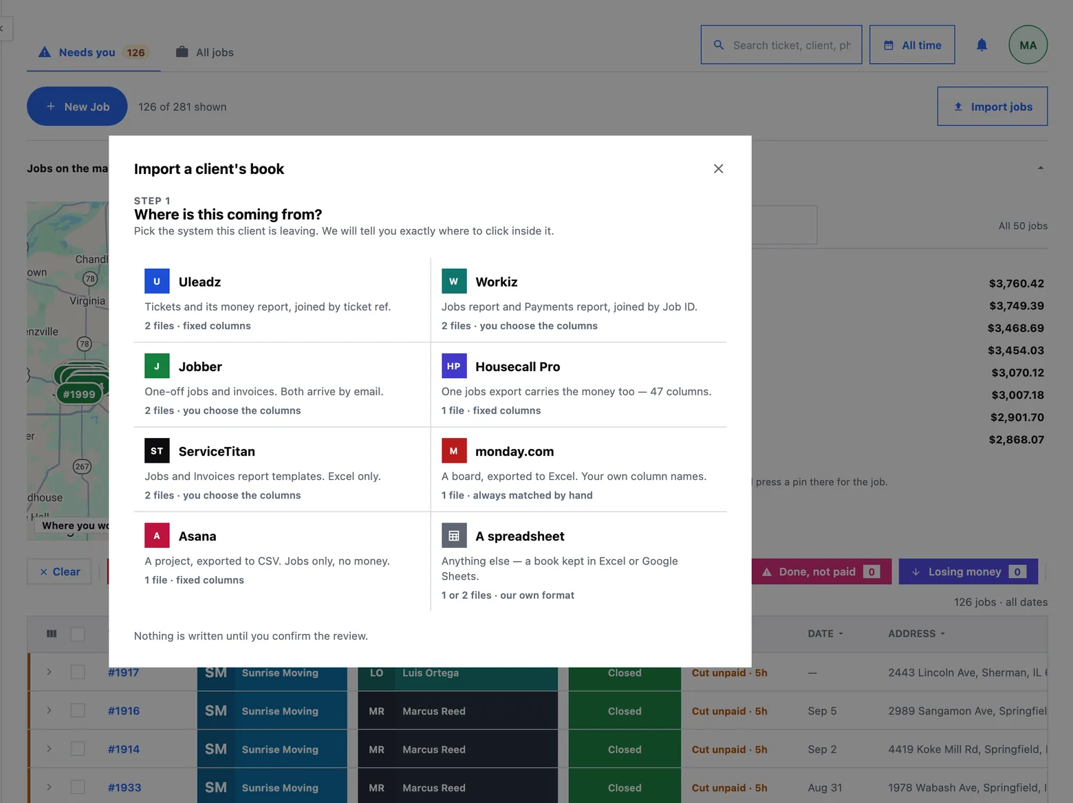 Step one of the importer: pick the system the work is leaving, or import jobs from spreadsheet exports instead.