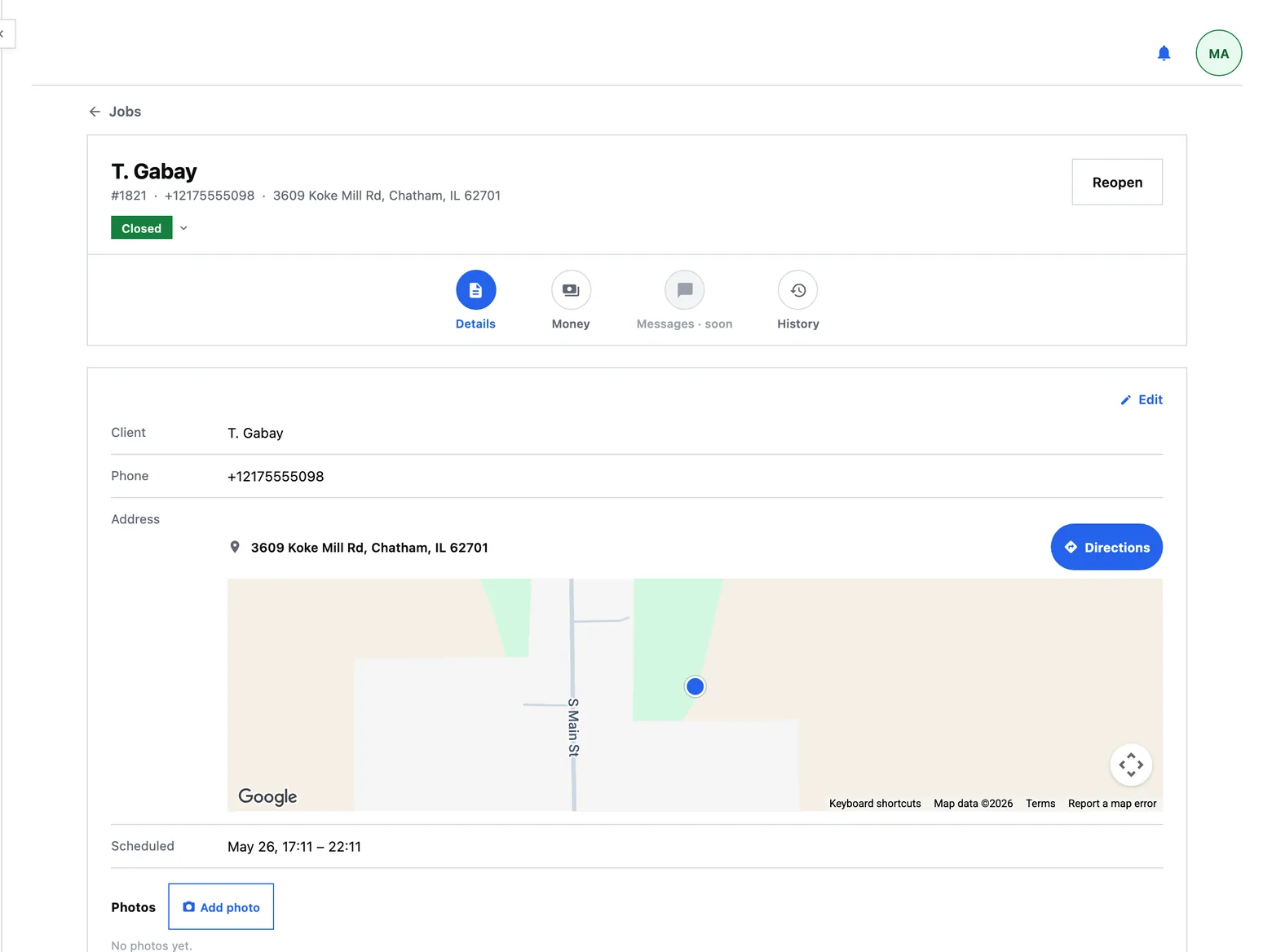 One job’s page: the client, the phone, the address on a map, the scheduled window, and the tabs above them.