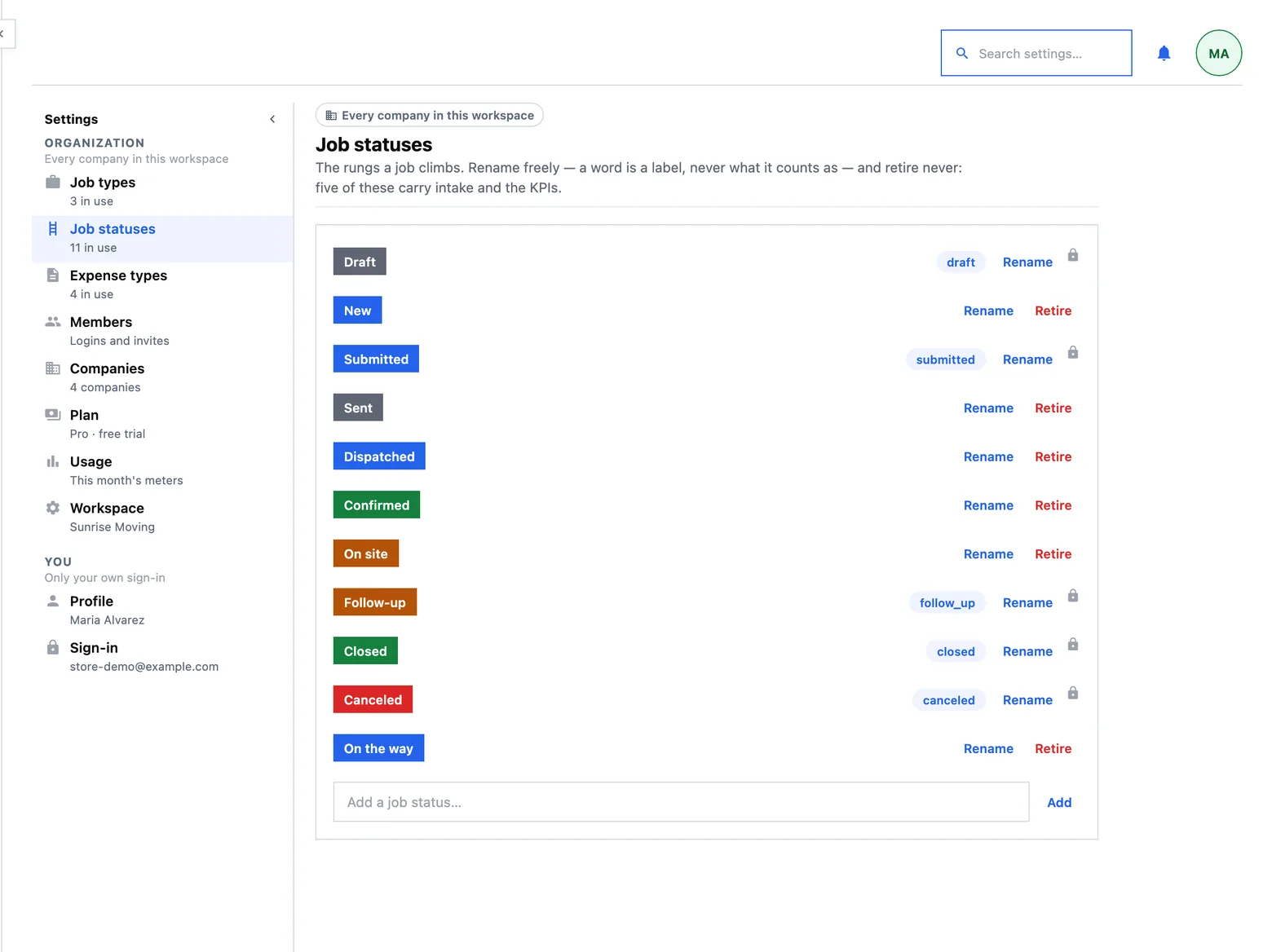 The job statuses board: every rung of the job status workflow, with the three the product runs on locked in place.