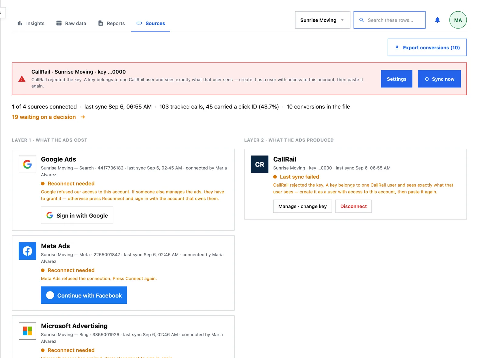 Sources: connect Google Ads to CRM work, with Meta, Microsoft Advertising and the call tracker beside it.