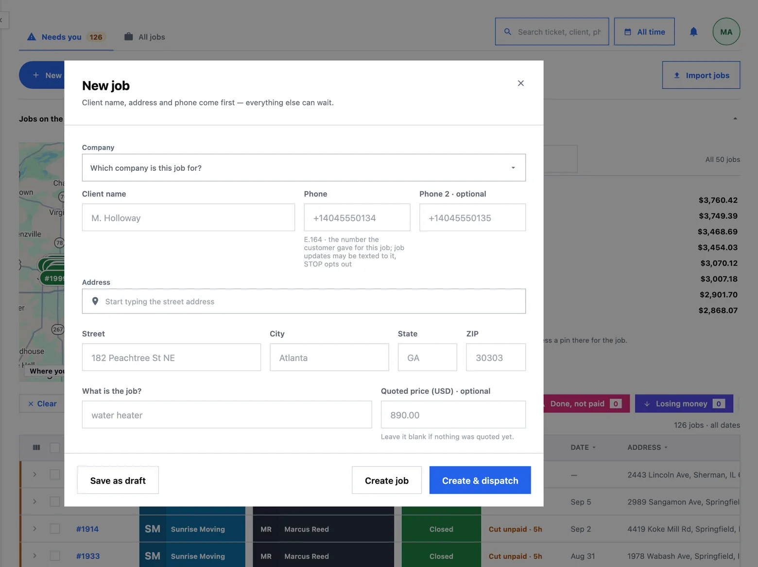 The new-job form: company, client name and phone first, then the address, the job type and an optional price.