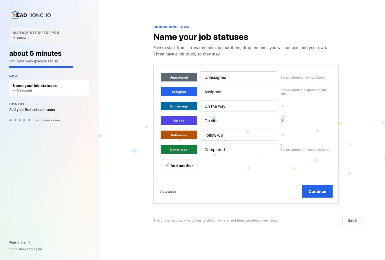 The job statuses step: six recommended rungs as editable rows, three marked as staying because the product needs them.