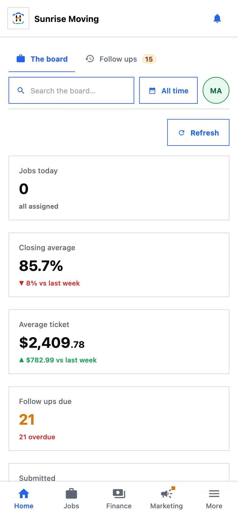 The field service mobile app: the same Home board on a phone, one column deep, with the follow-ups count.