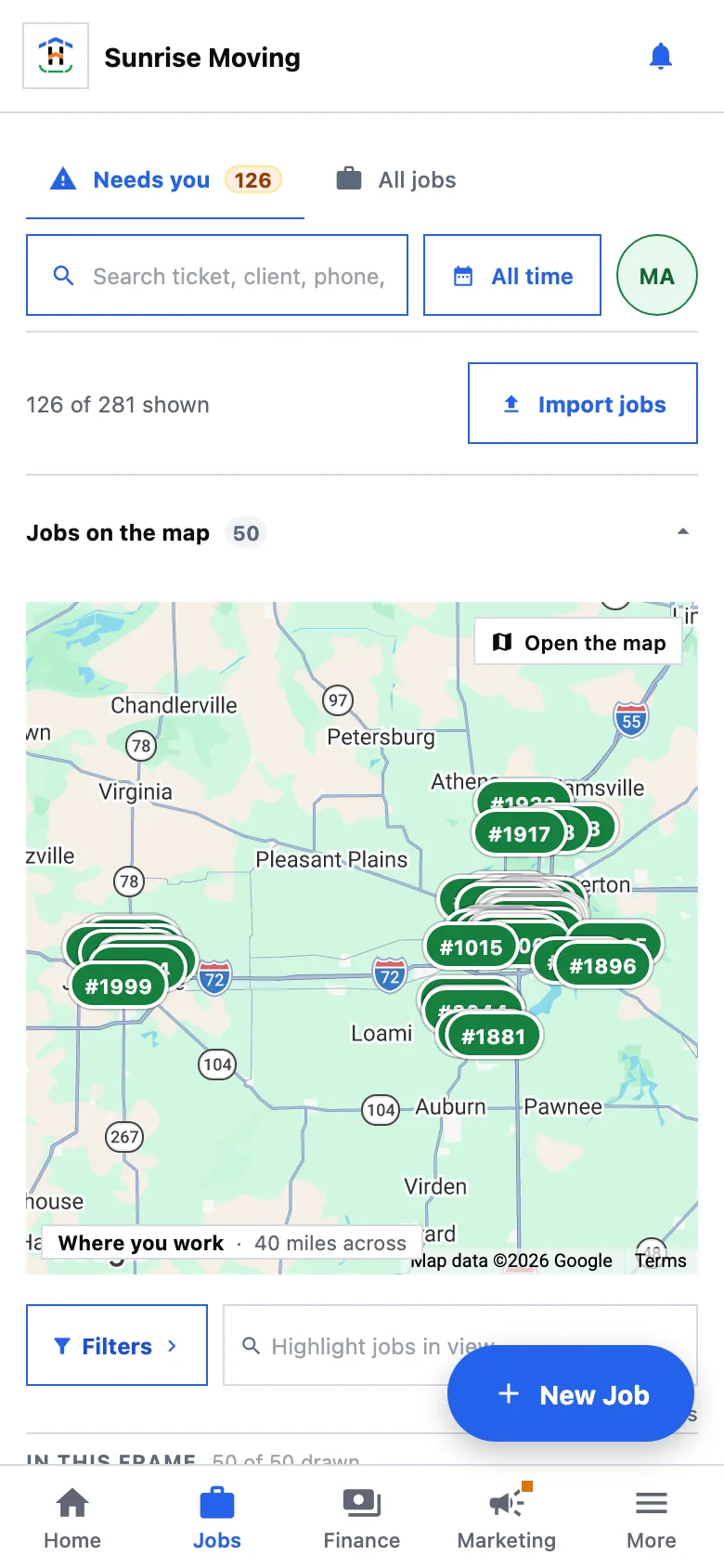 The Jobs board on a phone: the same two tabs, the same search and import, with the map folded beneath.