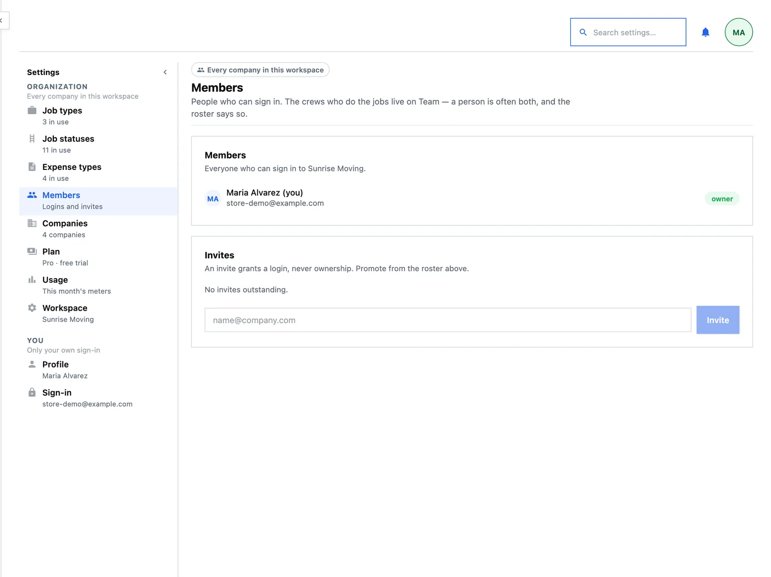 Settings, Members: everyone who can sign in to the workspace, their role, and the box that invites another.