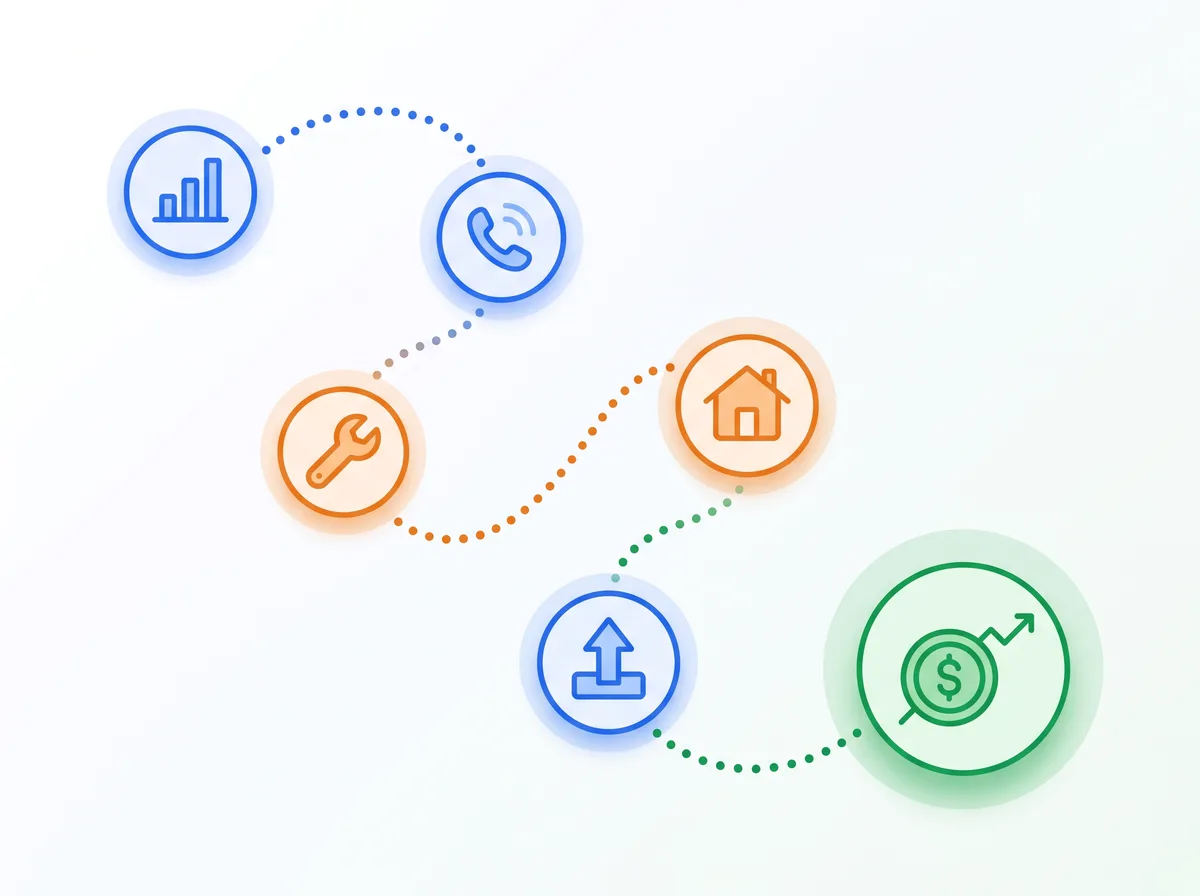 Six stations on one winding path: ad spend, tracked call, the work, the job, the export back to the ad platform, and profit