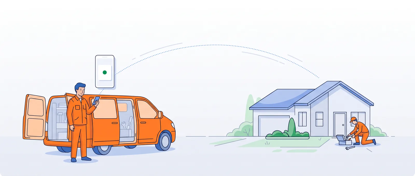 A technician by an open service van reading the job on a phone, the job arcing across to a colleague already working at the house