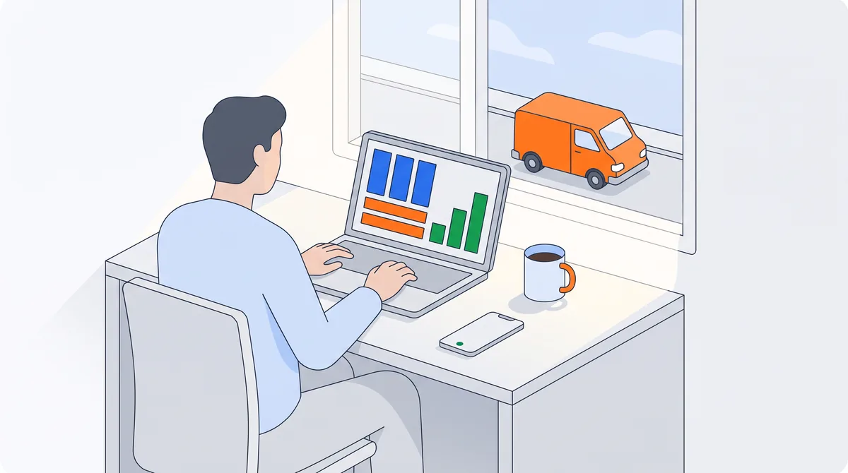 A home-service owner at a desk reviewing job profit tracking results rising on a laptop, their service van parked outside the window