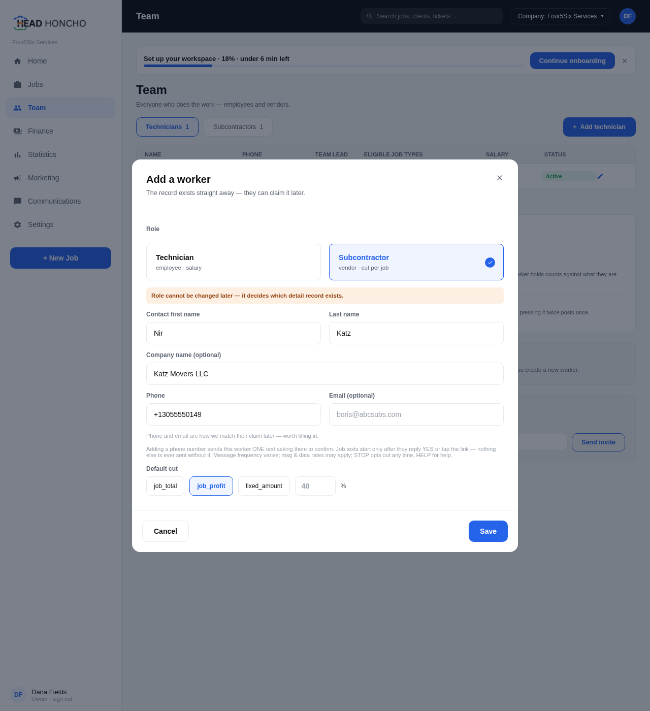 The HeadHoncho Add Worker form. Beneath the phone field: 'Adding a phone number sends this worker ONE text asking them to confirm. Job texts start only after they reply YES or tap the link — nothing else is ever sent without it. Message frequency varies; msg & data rates may apply; STOP opts out any time, HELP for help.'
